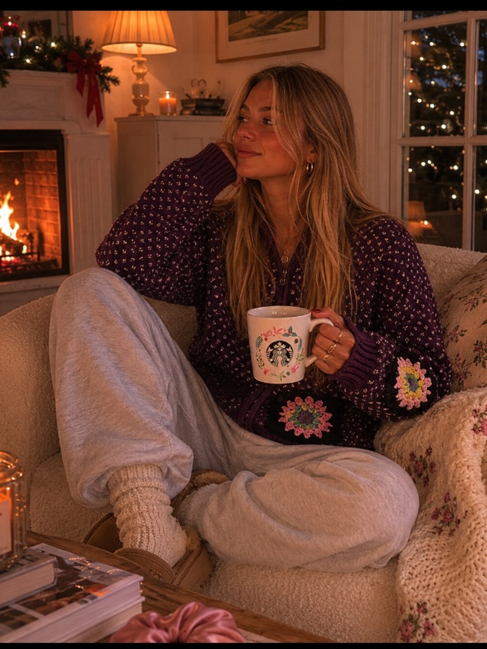 Y2K L.L. Bean up-cycled handmade grannie sq cardigan sweater purple L lambswool